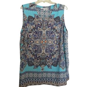 Violet & Claire Aqua Blue Orange Paisley Sleeveless Top